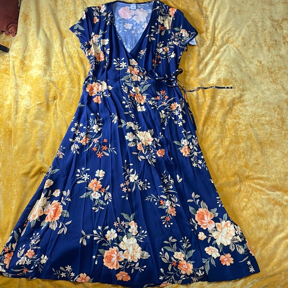 Navy midi wrap dress with florals